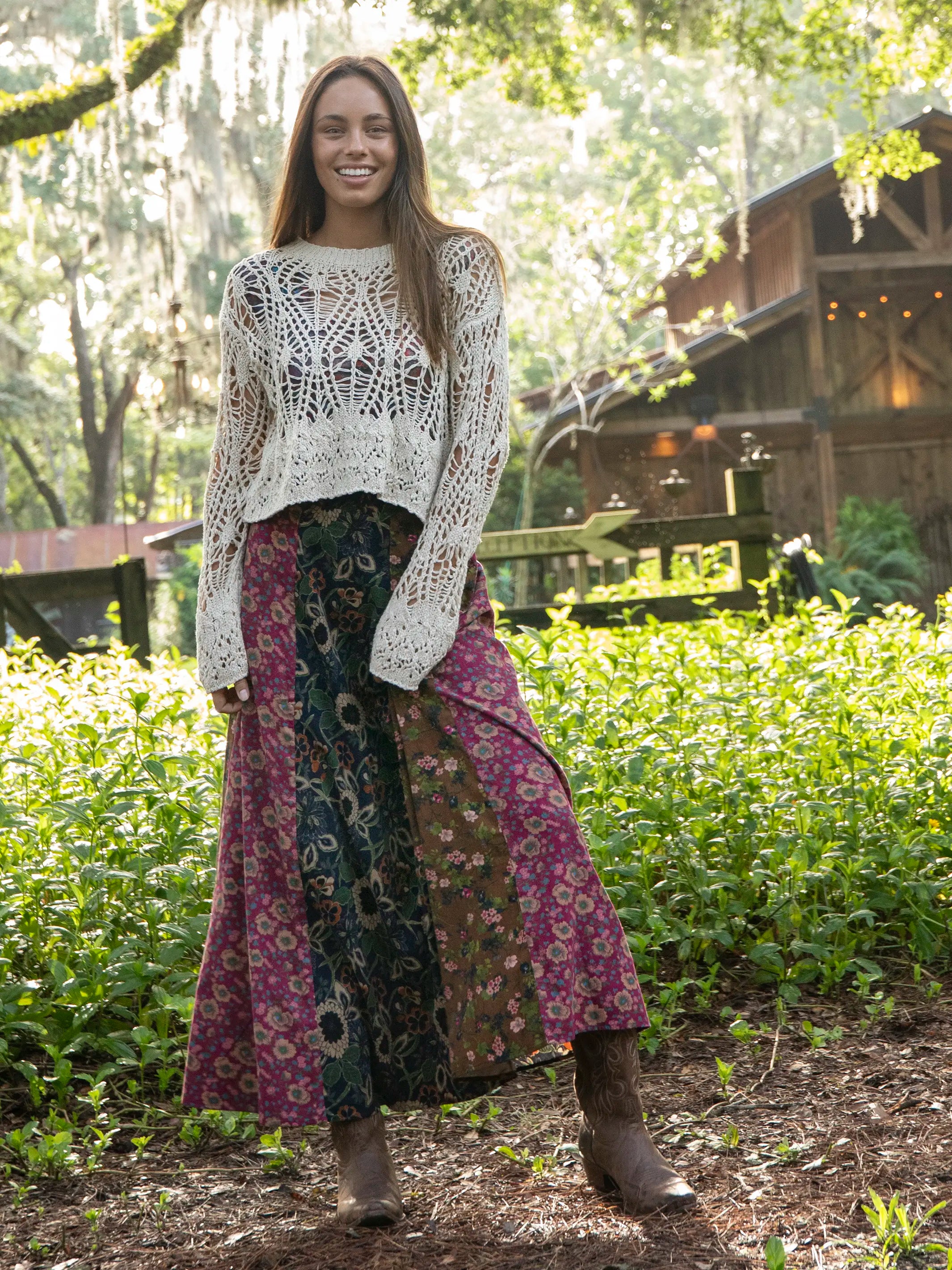 casual cotton skirt-Valentina Corduroy Maxi Skirt - Cranberry Navy Brown Mixed Floral