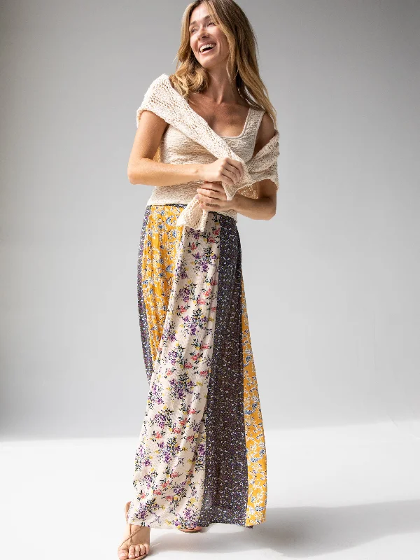 casual satin skirt-Valentina Maxi Skirt - Yellow Cream Floral Mix