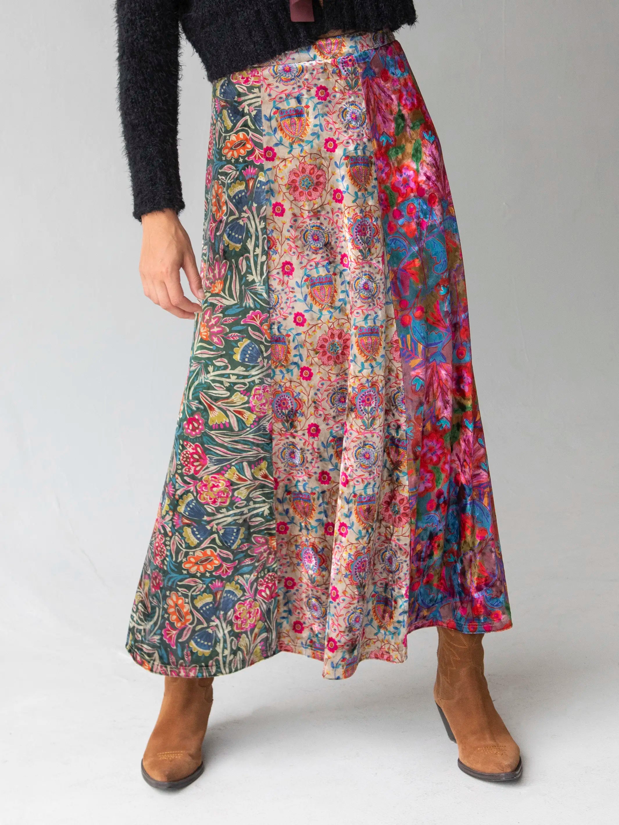 floral wrap skirt-Valentina Velvet Maxi Skirt - Green Cream Red Mixed Floral