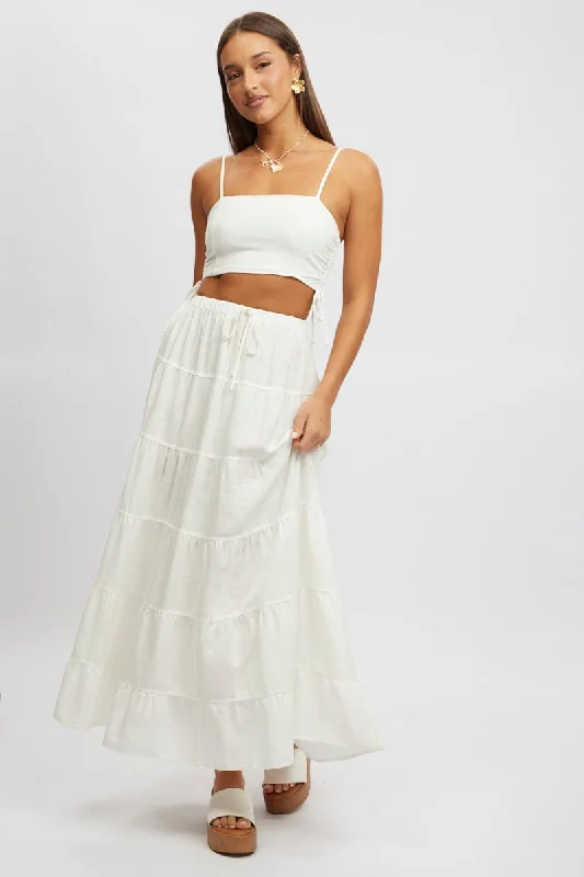 flared pencil skirt-White Maxi Skirt Tiered High Rise